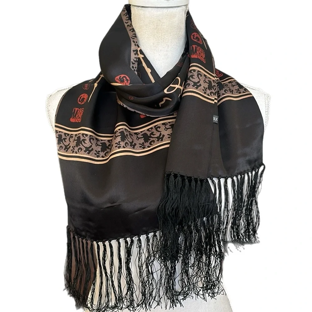 Black 100% Silk Scarf with Fringe Gold Asian Motif Print